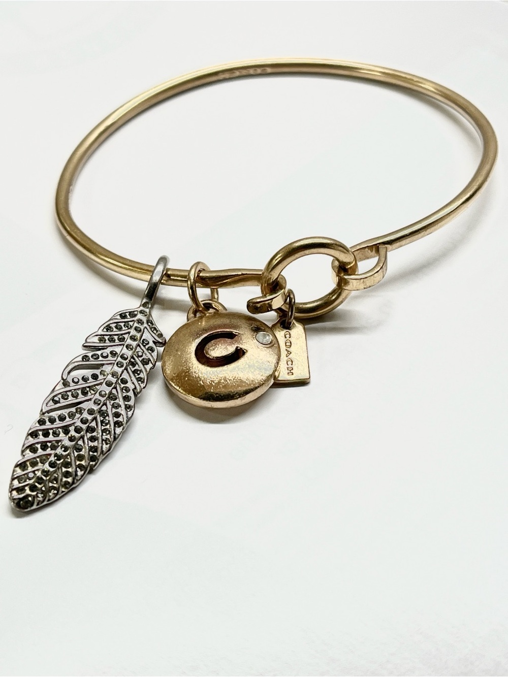 Coach Pave Feather Hoop Bangle Charm Bracelet Set GUC